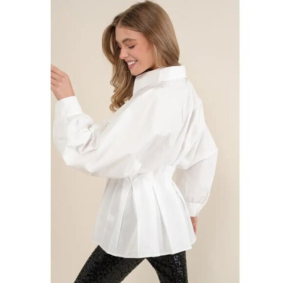 Women’s White Button-Down Peplum Top – Pleated Waist, Puff Sleeves - Picture 3 of 3